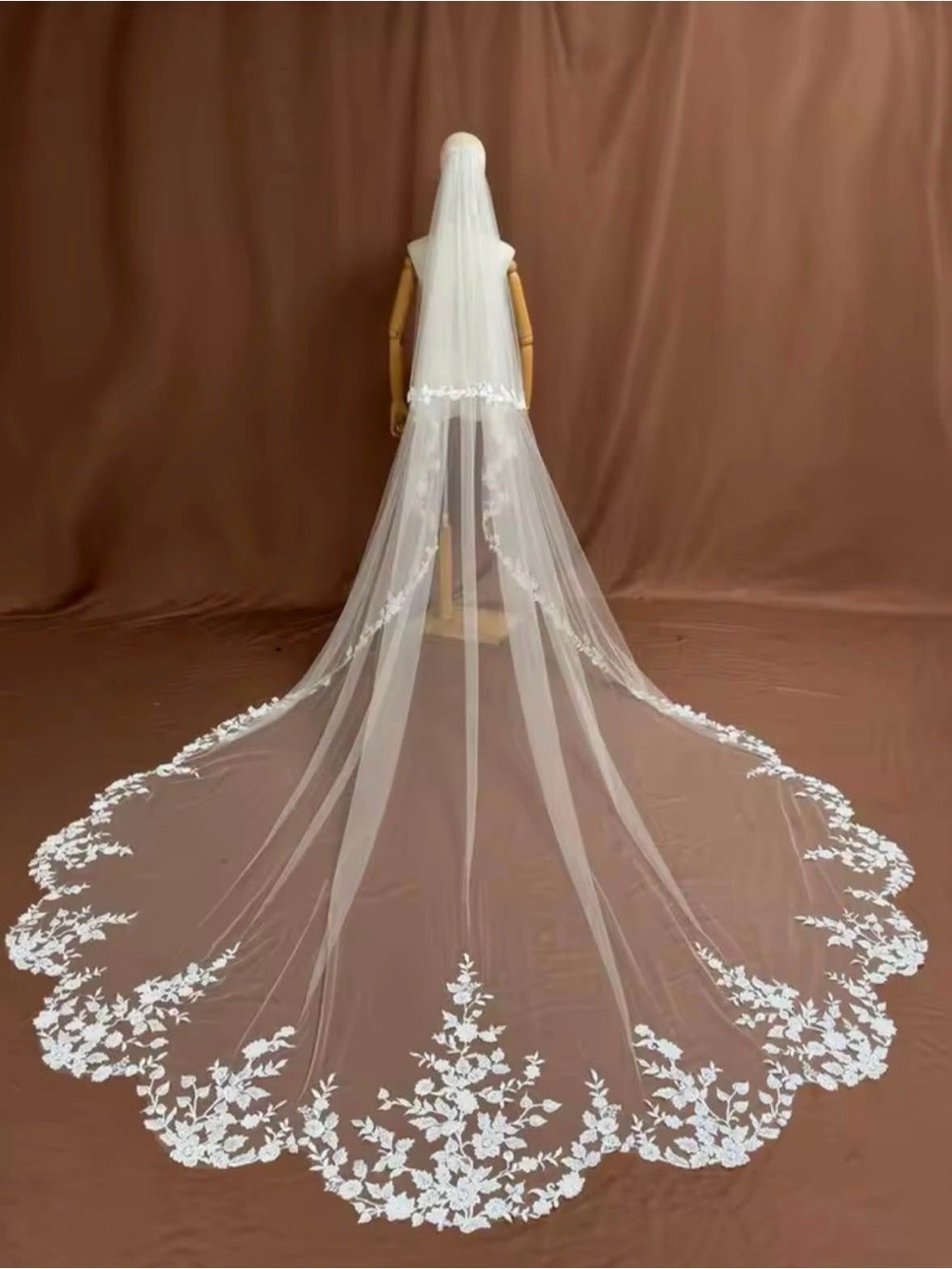 Elegant White Bridal Veil with Lace Appliqué - 2-Tier Cathedral Style